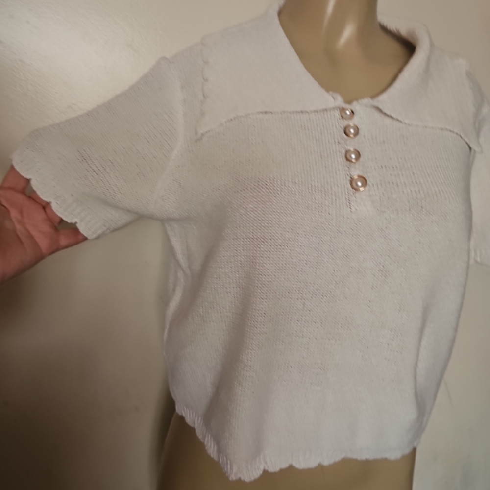 Chic White Knit Blouse with Pearl Accents